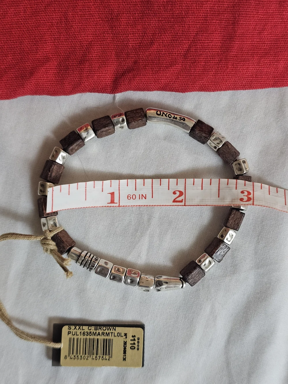 UNO de 50 Wooden & Silver Beaded Bracelet - Brown/Silver Size XL 7.3